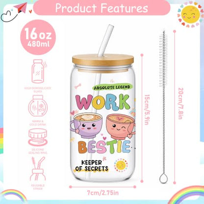 Work Bestie Gifts Glass Cups - Glass Tumbler with Straw and Lid, Cute Coworkers Gift for Women Sister Bestie Best Friend Colleague Teacher Birthday Graduation Christmas Appreciation - style: work bestie