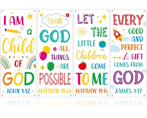 4PCS Church Banners with Scripture Religious Bible Verse Backdrops for Kids Christian Porch Decorations Inspirational Religious Hanging Signs for VBS Church Sunday School Classroom Wall Decor (White) - color: White
