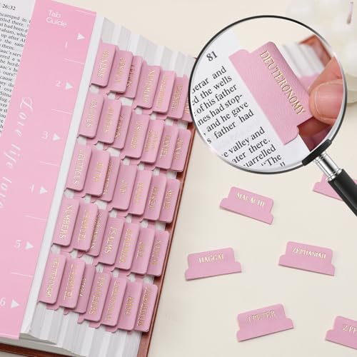 Leather Bible Tabs, Bible Tabs for Women and Men(Gold Foil Lettering) Large Print Stickers, Easy to Read and Apply, 66 Chapters & 14 Blank DIY Labels for Easy Navigation, Christian Accessories(Pink) - style: Leather Pink