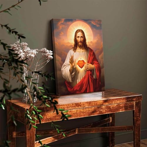 Jesus Sacred Heart Christian Wall Art, Divine Mercy Canvas Paintings Prints Posters Wall Decor, Christ Jesus Portrait Home Decor for Living Room Dining Room Prayer Room Decor 12x16 in Framed - color: Sacred Heart of Jesus, size: 16"L x 12"W