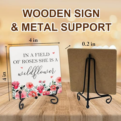 Country in a Field of Roses She is a Wildflower Table Wood Plaque Sign, Elegant Graphic Flower Wood Plaque Sign With Stand, Inspirational Desk Decor for Home Live Room Office Table Shelf - style: I