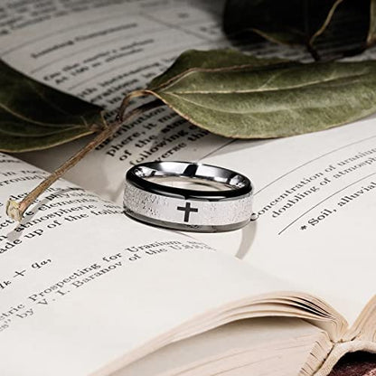 King Will Stainless Steel Men Ring Lord's Prayer Cross Ring Stainless Steel Men Wedding Ring, Wedding Band Bible Engraved Rings High Polished, Comfort Fit - color: black