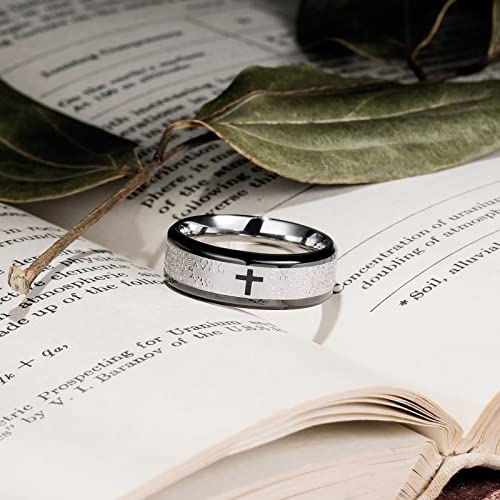 King Will Stainless Steel Men Ring Lord's Prayer Cross Ring Stainless Steel Men Wedding Ring, Wedding Band Bible Engraved Rings High Polished, Comfort Fit - color: black