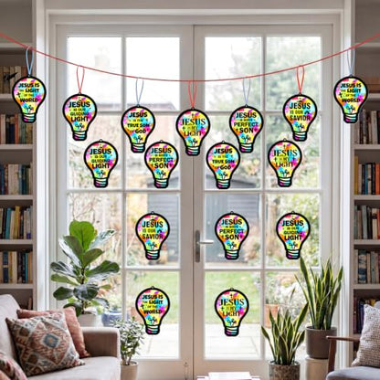 48PCS Sunday School VBS Crafts Bulk: Paper Lightbulb Cross Nativity Suncatchers, Religious Christian Activity DIY Kits Church Decorations, Window Stained Glass Effect Art Supplies(Jesus Style) - style: colorful bulb cross
