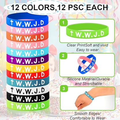 24Pcs WWJD Rubber Bracelets 12 Colors Christian Religious Bands for Favors - style: 24 Pack