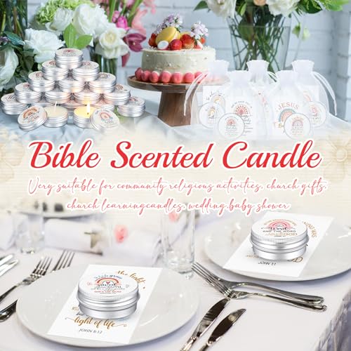 Yuntau 48 Pack Christian Scented Candle Bulk Bible Verse Candle with Scripture Cards Gift Bags 0.3 oz Religious for Women Church Baptism Prayer Party Guest(Boho,Rainbow)