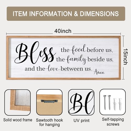 Bless the Food Before Us, the Family Beside Us, and the Love between us Framed Wall Art for Dining Room, 40''×15'' Holy Positive Religious Rustic Bible Verse for Christian God Jesus Christ Prayer - color: Natural Frame, style: Bless the Food Before Us