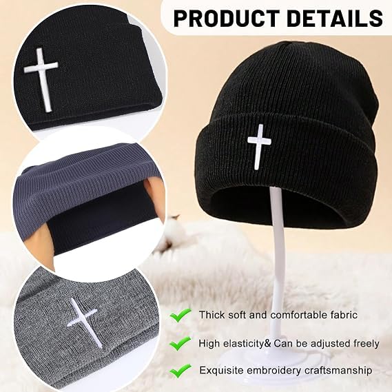 Unisex Stretch Warm Winter Skull Cap, Cold Weather Knit Beanie - color: Black - 3d Cross Embroidery