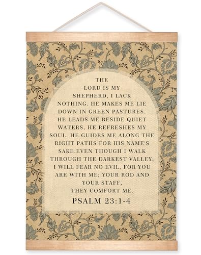 Christian Bible Verse Wall Art,Psalm23:1-4 Scripture Canvas Wall Hanging Poster,Vintage Inspirational Christian Decor for Home Bedroom Living Room Office Church,18.5x14 Inch (Beige- Psalm23:1-4) - color: Beige- Psalm23:1-4