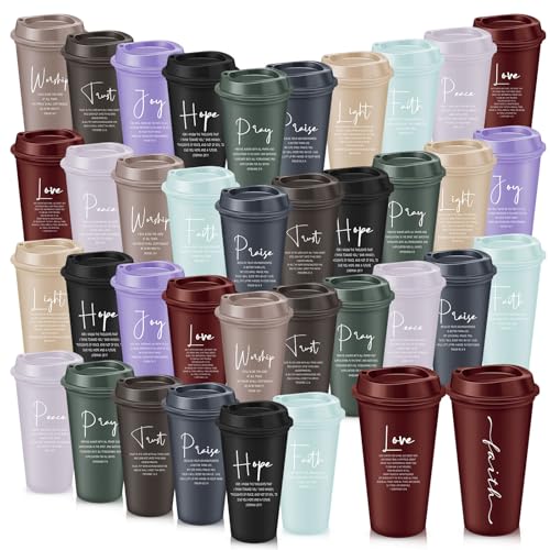 LemonRoad 40 Pcs Christian Gifts for Women Men 16 oz Christian Plastic Coffee Cups with Lids Double Sided Scripture Bible Verse Religious Tumblers Mugs for Church Appreciation Gifts(Morandi Color) - color: Morandi Color