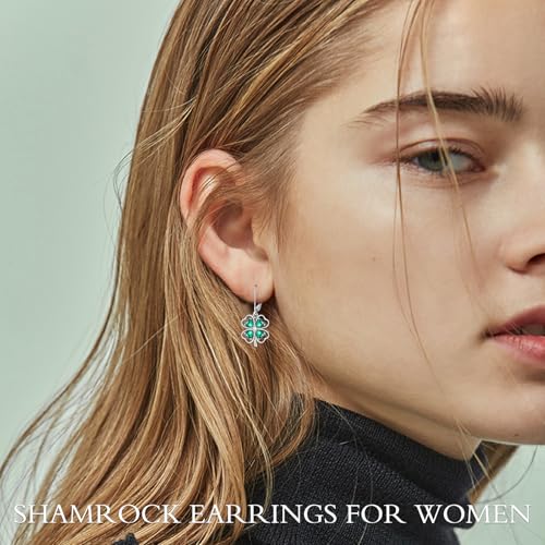 HPQQ Earrings for Women Sterling Silver Dangle Earrings Birthday Christmas Jewelry Gifts for Women Wife Mom - color: White Gold-Shamrock-A