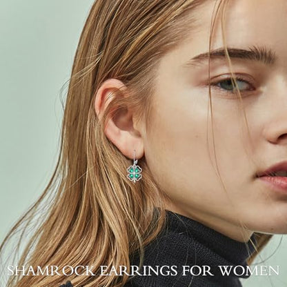 HPQQ Earrings for Women Sterling Silver Dangle Earrings Birthday Christmas Jewelry Gifts for Women Wife Mom - color: White Gold-Shamrock-A