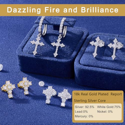 Moissanite Cross Earrings Sterling Silver Cross Stud Eearrings D Color VVSI Moissanite Stud Earrings Crucifix Jewelry Gift - color: Silver-1.02CT