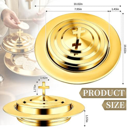 Communion Bread Tray with Lid for Churches, Round Stainless Steel Bread Plate with Cover for Wafers, Church Supplies Serving Tray for Communion and Altar Service, 1Pcs Gold Bread Tray - color: Gold