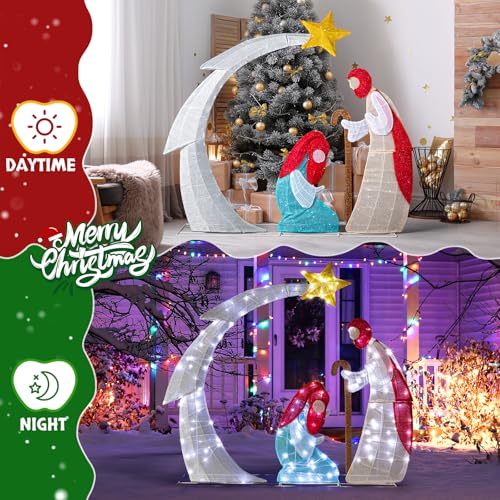 VINGLI 3.7FT Lighted Nativity Scene Outdoor Christmas Decoration with LED Lights, Light up Outdoor Religious Decor with Jesus, Mary, Holiday Yard Decoration for Christian Families, Moon Shape
