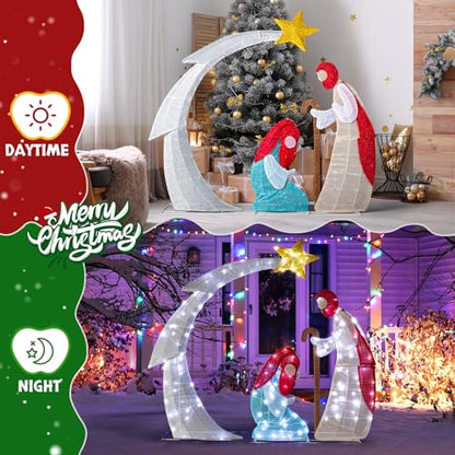 VINGLI 3.7FT Lighted Nativity Scene Outdoor Christmas Decoration with LED Lights, Light up Outdoor Religious Decor with Jesus, Mary, Holiday Yard Decoration for Christian Families, Moon Shape