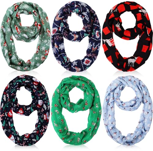Handepo 6 Pcs Christmas Infinity Scarf Lightweight Holiday Loop Sheer Scarves Sheer Infinity Women's Scarves (Classic Style)