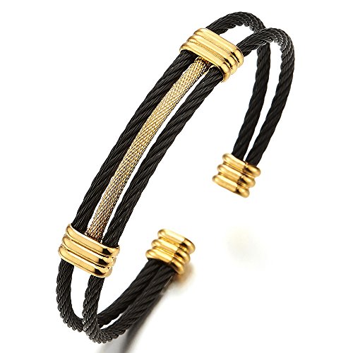 Men Women Stainless Steel Twisted Cable Adjustable Cuff Bangle Bracelet - color: D-Metal Color: Black & Gold