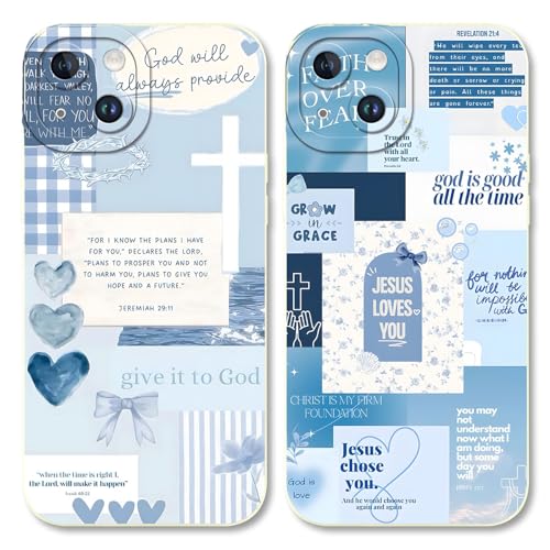 2 Pack Bible Verse Phone Case for iPhone 14 6.1", Jesus Bow Heart Blue Pattern Aesthetic Design Cases Soft Silicone TPU Slim Shockproof Protective Bumper Phone Cover for Women Children - color: Heart, size: for iPhone 14