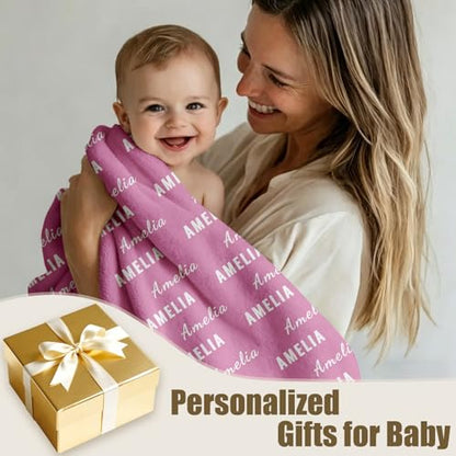 Ships Next Day, Personalized Baby Blanket with Name - Custom Newborn Hospital Swaddle Blanket, Super Soft Plush Flannel Baby Gift for Birth Announcement Shower Easter Gifts for Toddler Kids - color: Pink