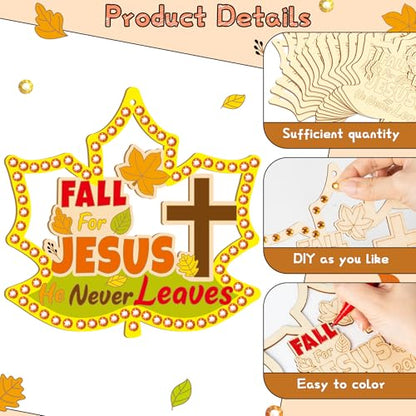 BeYumi Fall Wooden Leaves Craft - 20Pcs DIY Wooden Maple Leaves Ornaments Craft Kit for Kid Make Your Own Christian Religious Fall for Jesus Craft with Gem Sticker Church Thanksgiving Party Decoration - style: Maple Leaves