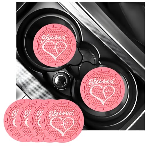 KVAEY 2 PCS Car Cup Holder Coasters, 2.76 Inch Anti Slip Vehicle Drink Mats with Cute Blessed Cross and Heart, Shockproof, Universal Car Accessories (Pink, 4 PCS) - color: Pink, size: 4 PCS