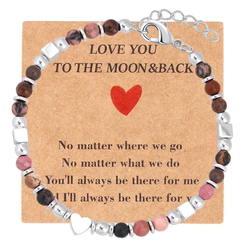 Beaded Bracelets for Women, Inspirational Natural Gemstone Bracelets Graduation Mothers Day Christmas Birthday Gifts for Mom, Daughter, Granddaughter, Wife, Sister, Best Friend - color: Rhodonite, style: Heart
