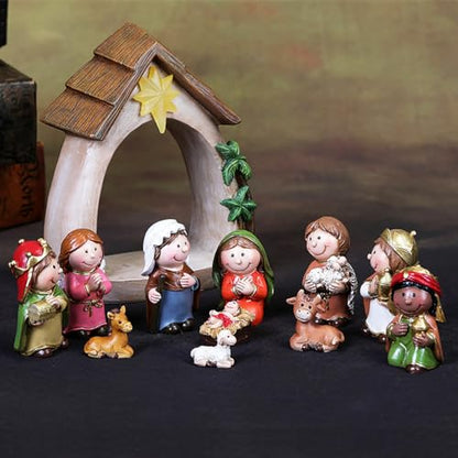 Nativity Set & Figures, 12 Pieces Small Christmas Nativity Scene with LED Light Resin Lighted Tabletop Nativity Indoor Decor Includes 1 Manger and 11 Figurine (Mini Figure)