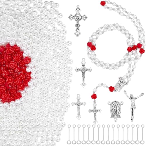 PH PandaHall 1343pcs Rosary Jewelry Making Kit, White Pearl Beads Rose Beads Metal Cross Pendants Links Eye Pins Jump Rings for DIY Bracelets Necklaces Jewelry Making Crafting Easter Decor