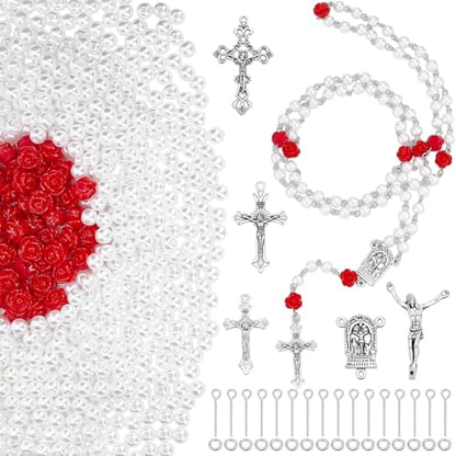 PH PandaHall 1343pcs Rosary Jewelry Making Kit, White Pearl Beads Rose Beads Metal Cross Pendants Links Eye Pins Jump Rings for DIY Bracelets Necklaces Jewelry Making Crafting Easter Decor
