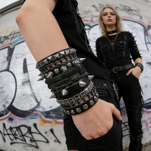 4 Pcs Leather Cuff Bracelets for Men with Spiked Cross Studded Stars Charms - color: Black-Spikes