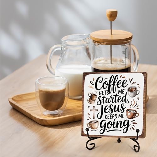Coffee Gets Me Started Jesus Keeps Me Going Wooden Sign Decor, Rustic Wooden Plaque Sign With Iron Stand,Christian Home Office Bar Desk Shelf Decorations - style: Coffee