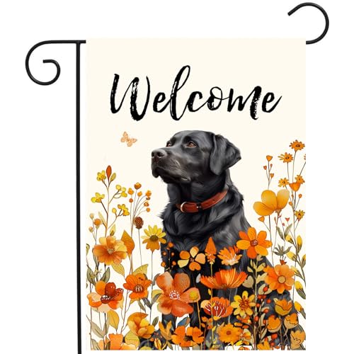 Floral Black Lab Garden Flag Fall Yard Flag Wildflower Labrador Dog Garden Flags Orange Autumn Lawn Flags Welcome Thanksgiving Outdoor Flags for Outside 12x18 Double Sided Small - color: fall-blacklab