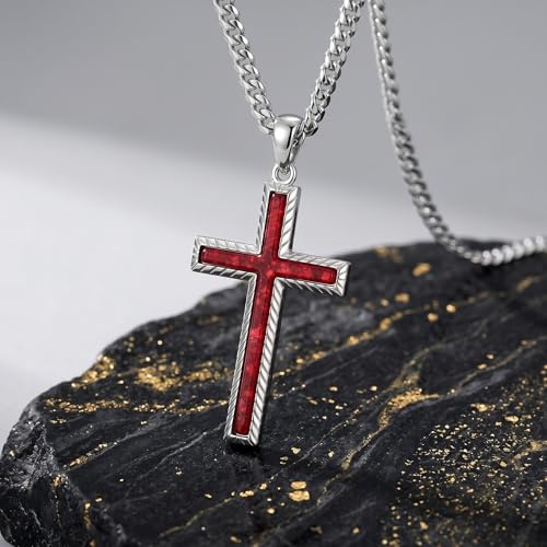 MRENITE Silver Natural Stone Cross Necklace, Classic Latin Cross Pendant Necklace for Unisex Women Man, Vintage Crystal Quartz Cross Necklace with 20+2 Inches Adjustable Cuban Chain - style: Red Opal