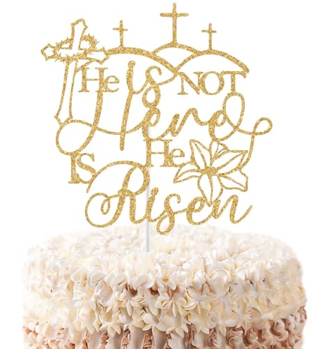 He is not Here He is Risen Cake Topper, Spring Easter Religious Party Decorations, Empty Tomb Jesus is Risen Decorations Gold Glitter