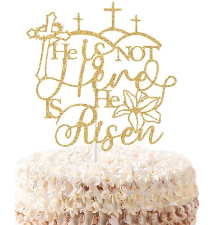 He is not Here He is Risen Cake Topper, Spring Easter Religious Party Decorations, Empty Tomb Jesus is Risen Decorations Gold Glitter