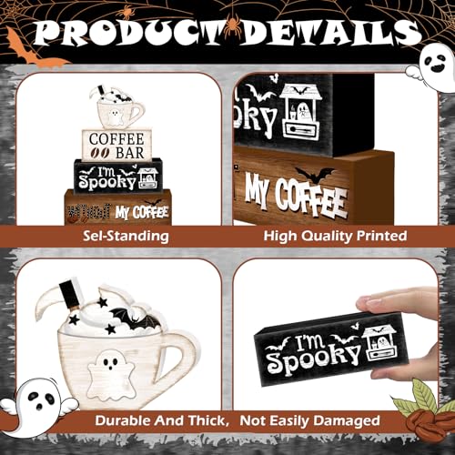 Britimes Ghost Halloween Tiered Tray Decor Set, 4 Pack, Wooden Table Sign - style: Ghost Coffee Cup