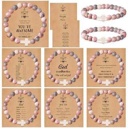 COLOYAN 9Pcs Cross Natural Stone Beaded Stretch Bracelets for Women - color: A-pink zebra