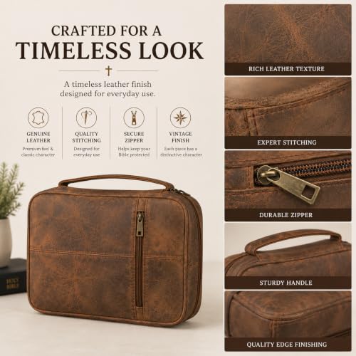 11 x 8 inch Real Leather Bible Cover for Men, Bible Case Women Organizer with Handle & Pocket Pen Holder Christian Religious Gift Bookmark Bible Carrying Bag for Church - Antique Brown - color: Brown