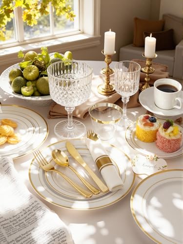 WDF 175PCS White and Gold Plastic Plates - Gold Plastic Plates - 25 Guest Thanksgiving Disposable Dinnerware Sets Include 50 Plate, 25 Cutlery, 25 Napkins and 25 Cups for Party/Thanksgiving/Wedding - color: Gold, size: 175 pieces