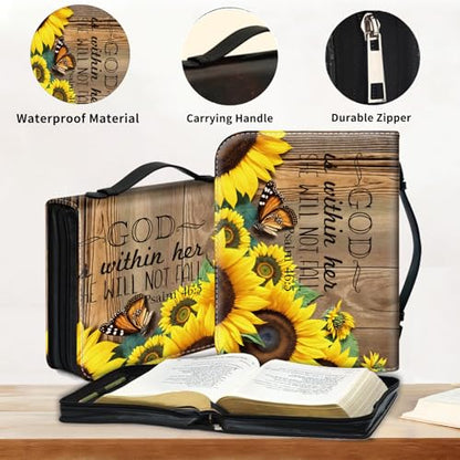 Bible Cover for Women Large PU Leather Zippered Bible Case with Handle and Christian Sunflower Design, Christian Bible Cover for Girls & Women, Cover Fits Standard 9.5"x7.5"x2.3" Bible - color: Christian Sunflower