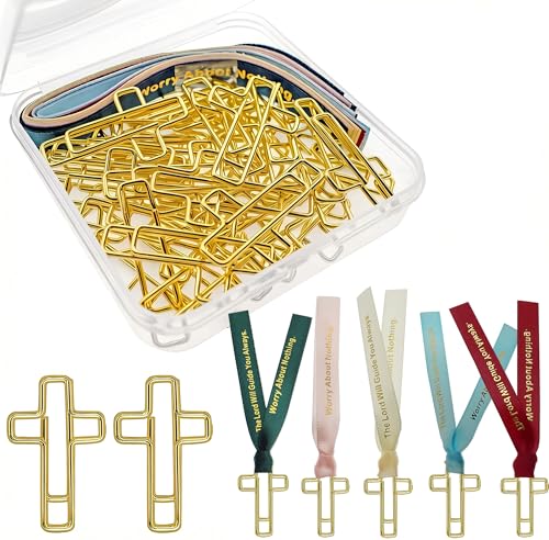 Gold Cross Paper Clips with Ribbons Set. Loaded Bible Supplies - color: Gold