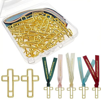 Gold Cross Paper Clips with Ribbons Set. Loaded Bible Supplies - color: Gold