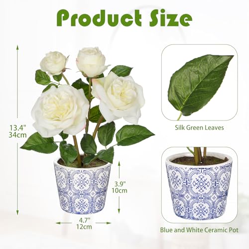 Hollyone White Real Touch Roses Artificial Flowers in Vase Blue and White Porcelain Ceramic Pot 13.4" Fake Roses Flower Arrangement Artificial Plants & Flowers Potted Plant Faux Silk Rose Flower - color: Rose 3 - White (13.4inch)