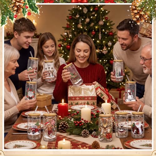 Teenyyou 12 Sets of Christmas Glasses Cups with Bamboo Lid and Glass Straw 16 oz Red and Black Plaid Christmas Glass Jar Drinking Cups Wreath Santa Coffee Cup for Women Men Xmas Holiday Party Gifts - style: Red and Black Plaid