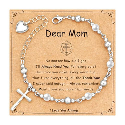 First Communion Confirmation Baptism Godmother Gifts for Teen Girls Women, Catholic Christian Cross Pearl Bracelet - color: Silver, size: ToMyMom