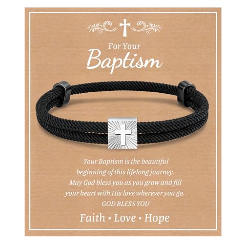 MEALGUET Christian Gifts Cross Bracelet for Boys : Adjustable Black Rope Faith Cross Bracelets for 6 8 10 12 14 16 Years Age Teenage Young Boy Son, Religious Jewelry Gift Ideas for Easter Baptism - style: Baptism