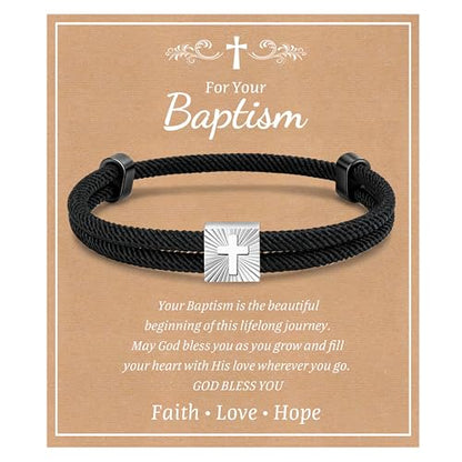 MEALGUET Christian Gifts Cross Bracelet for Boys : Adjustable Black Rope Faith Cross Bracelets for 6 8 10 12 14 16 Years Age Teenage Young Boy Son, Religious Jewelry Gift Ideas for Easter Baptism - style: Baptism