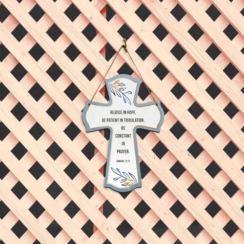 Rejoice in hope, be patient in tribulation, be constant in prayer. Romans 12:12 11.5" x 8" Cross Hanging Sign | Rustic Twine | Inspiring Religious Bible Decor