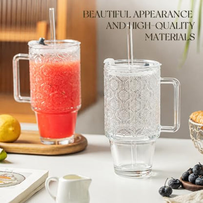 KEMORELA 24 Oz Ribbed Glass Tumblers with Lids and Straws, Tumbler Cup with Handle, Iced Coffee Glassware, Clear Reusable Drinkware for Smoothies and Beverages(1) - color: 24oz-Begonia